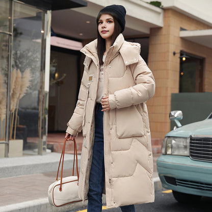 LVSANW Winter Women Coat Thickened Padded Faux Fur Long Sleeve Zipper Closure Cotton Lady Down Coat Slim Fit Mid Length Pockets Jacket