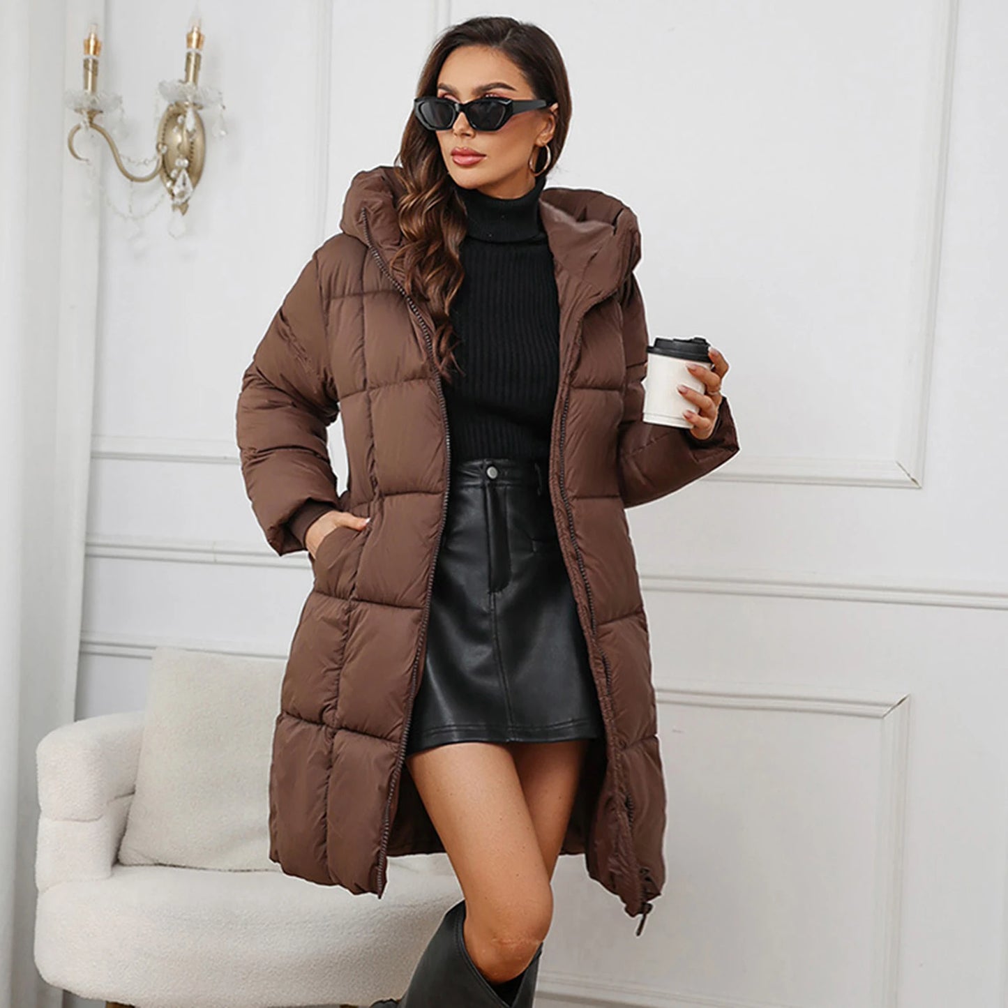 LVSANW Winter Women Coat Thickened Padded Faux Fur Long Sleeve Zipper Closure Cotton Lady Down Coat Slim Fit Mid Length Pockets Jacket