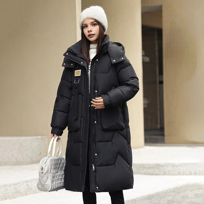 LVSANW Winter Women Coat Thickened Padded Faux Fur Long Sleeve Zipper Closure Cotton Lady Down Coat Slim Fit Mid Length Pockets Jacket