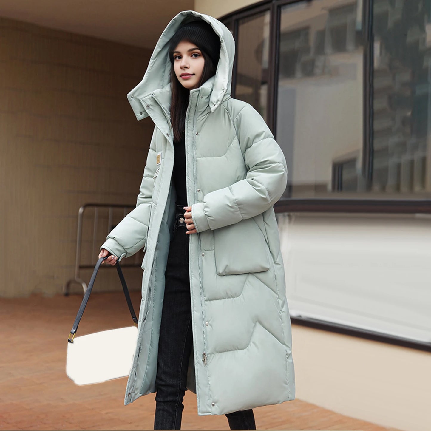 LVSANW Winter Women Coat Thickened Padded Faux Fur Long Sleeve Zipper Closure Cotton Lady Down Coat Slim Fit Mid Length Pockets Jacket