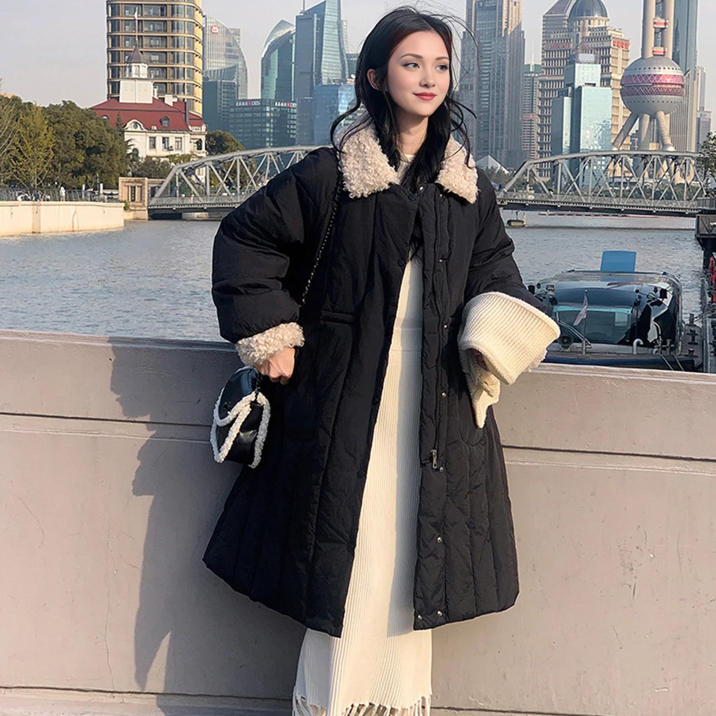 LVSANW Winter Women Coat Thickened Padded Faux Fur Long Sleeve Zipper Closure Cotton Lady Down Coat Slim Fit Mid Length Pockets Jacket