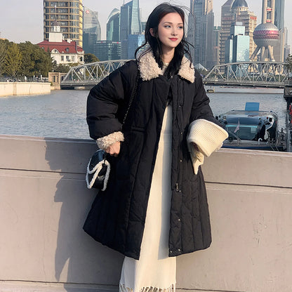 LVSANW Winter Women Coat Thickened Padded Faux Fur Long Sleeve Zipper Closure Cotton Lady Down Coat Slim Fit Mid Length Pockets Jacket