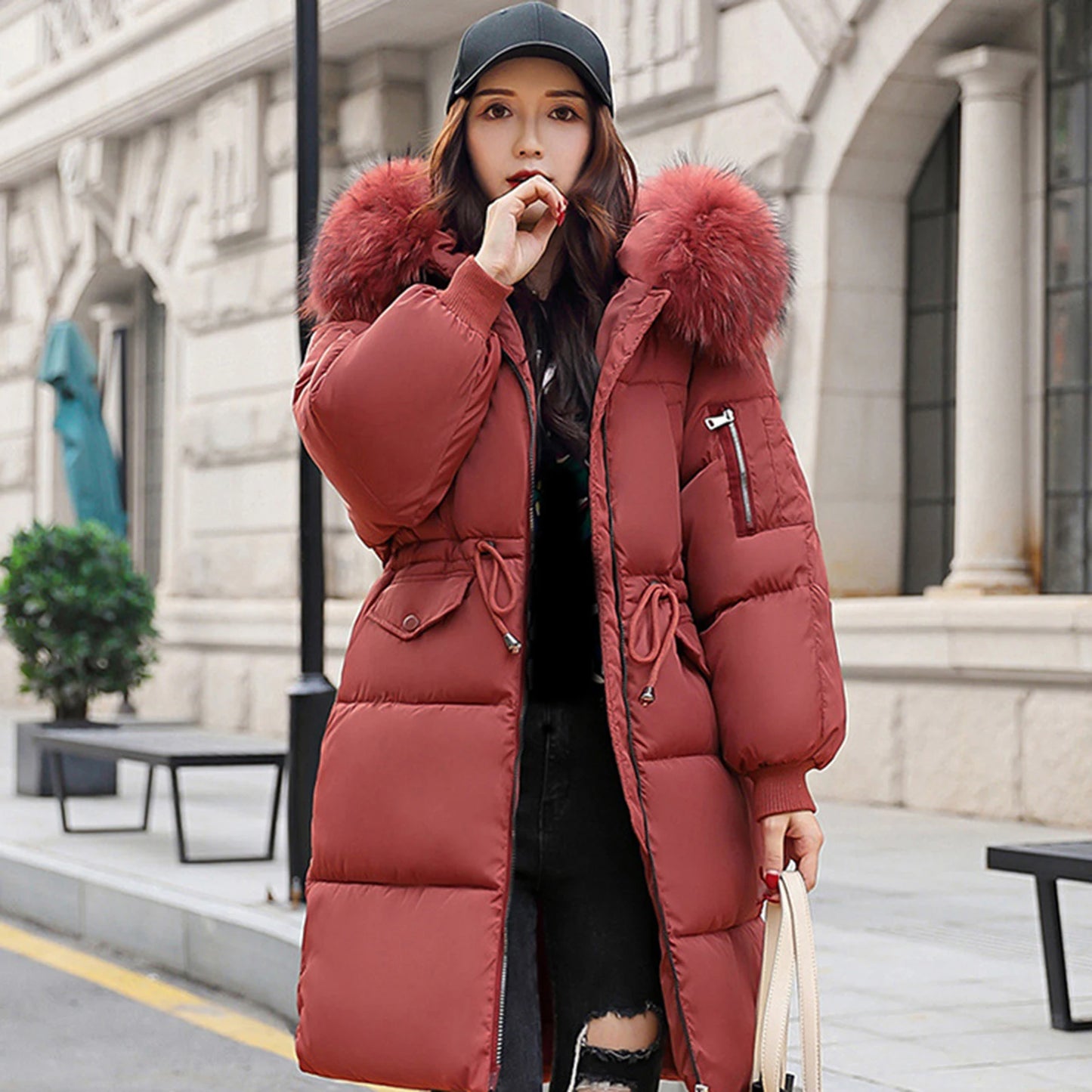 LVSANW Winter Women Coat Thickened Padded Faux Fur Long Sleeve Zipper Closure Cotton Lady Down Coat Slim Fit Mid Length Pockets Jacket