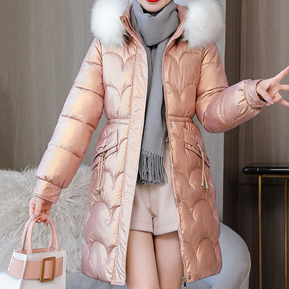 LVSANW Winter Women Coat Thickened Padded Faux Fur Long Sleeve Zipper Closure Cotton Lady Down Coat Slim Fit Mid Length Pockets Jacket