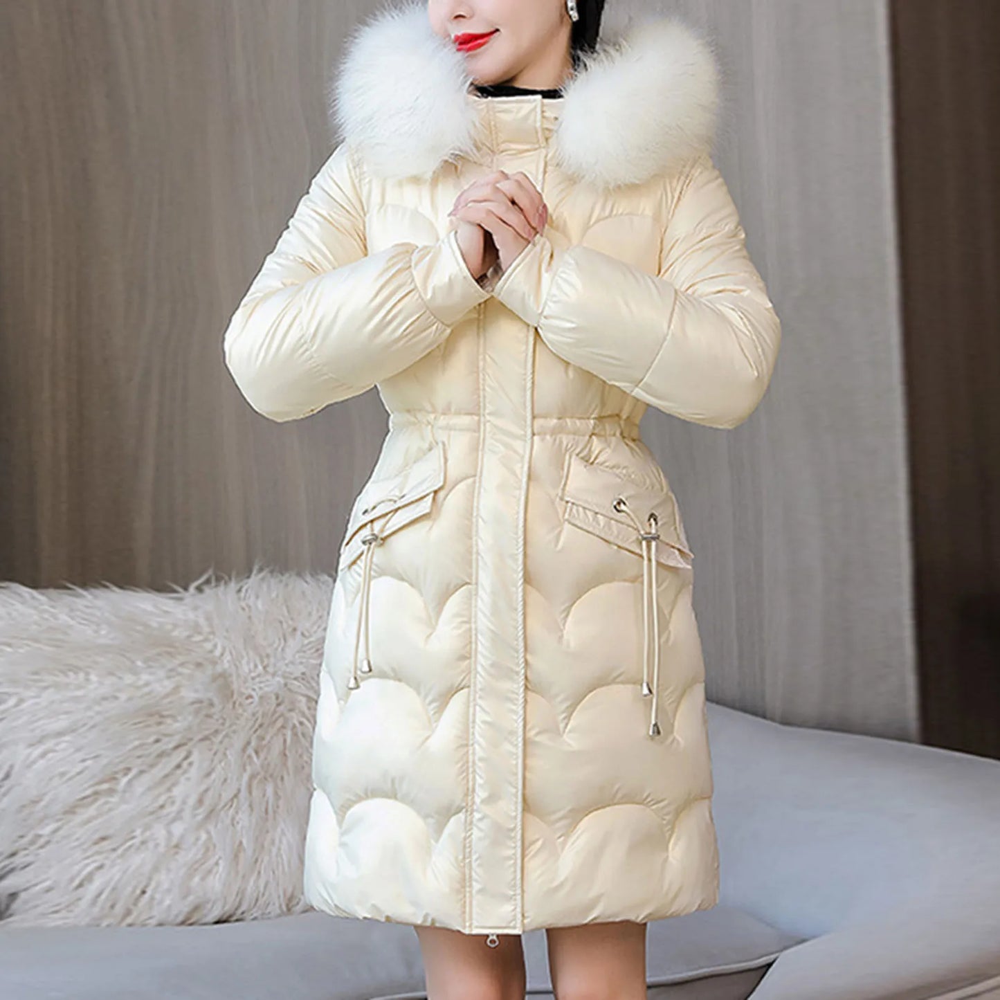 LVSANW Winter Women Coat Thickened Padded Faux Fur Long Sleeve Zipper Closure Cotton Lady Down Coat Slim Fit Mid Length Pockets Jacket