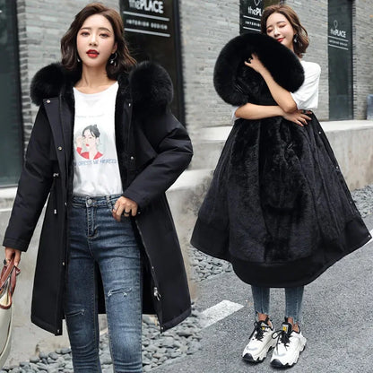 LVSANW Winter Women Jacket Long Parka  Fur Collar Loose Long Coat Wool Liner Hooded Jacket Warm Thick Warm Snow Wear Padded Parka