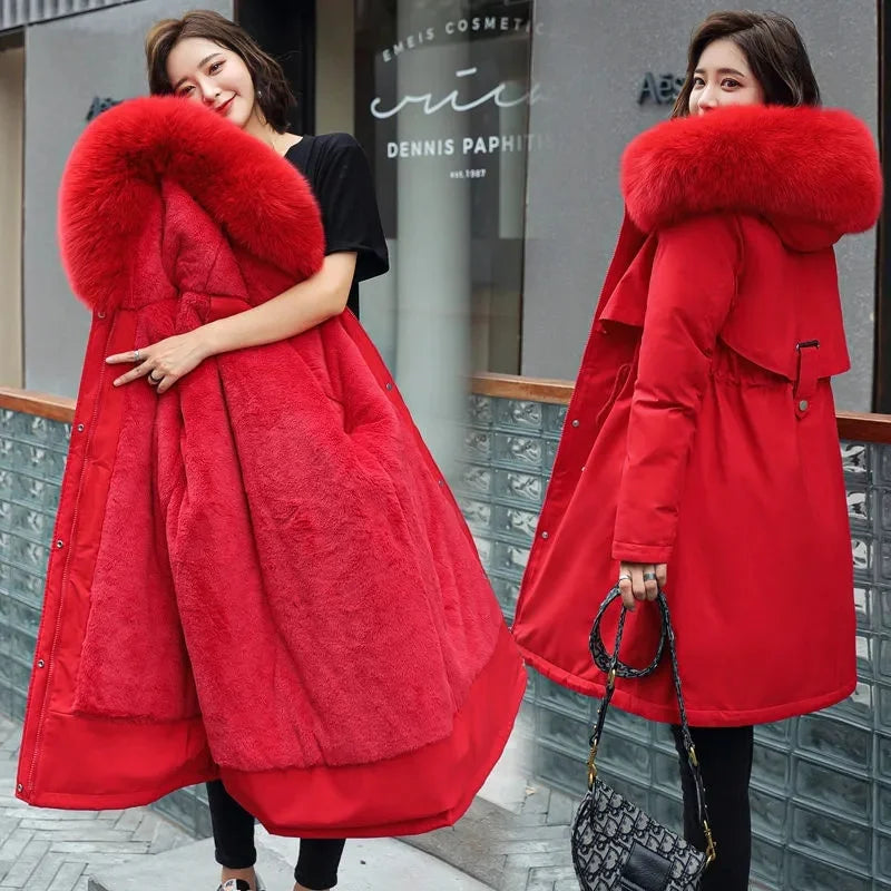 LVSANW Winter Women Jacket Long Parka  Fur Collar Loose Long Coat Wool Liner Hooded Jacket Warm Thick Warm Snow Wear Padded Parka