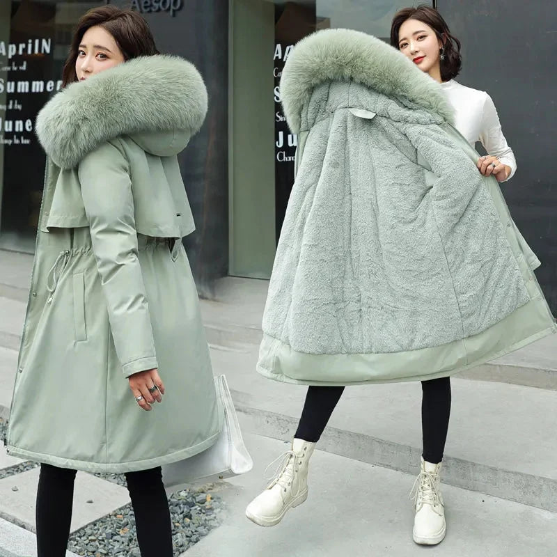 LVSANW Winter Women Jacket Long Parka  Fur Collar Loose Long Coat Wool Liner Hooded Jacket Warm Thick Warm Snow Wear Padded Parka