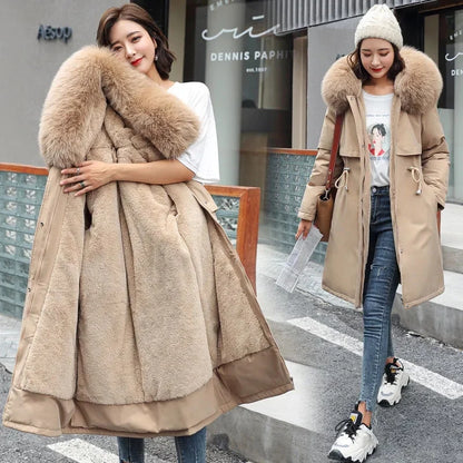 LVSANW Winter Women Jacket Long Parka  Fur Collar Loose Long Coat Wool Liner Hooded Jacket Warm Thick Warm Snow Wear Padded Parka