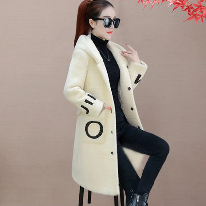 LVSANW Winter Women Woolen Hooded Pockets Letter Print Outerwear Single Breasted Plush Coat Thickened Imitation Lambswool Overcoat