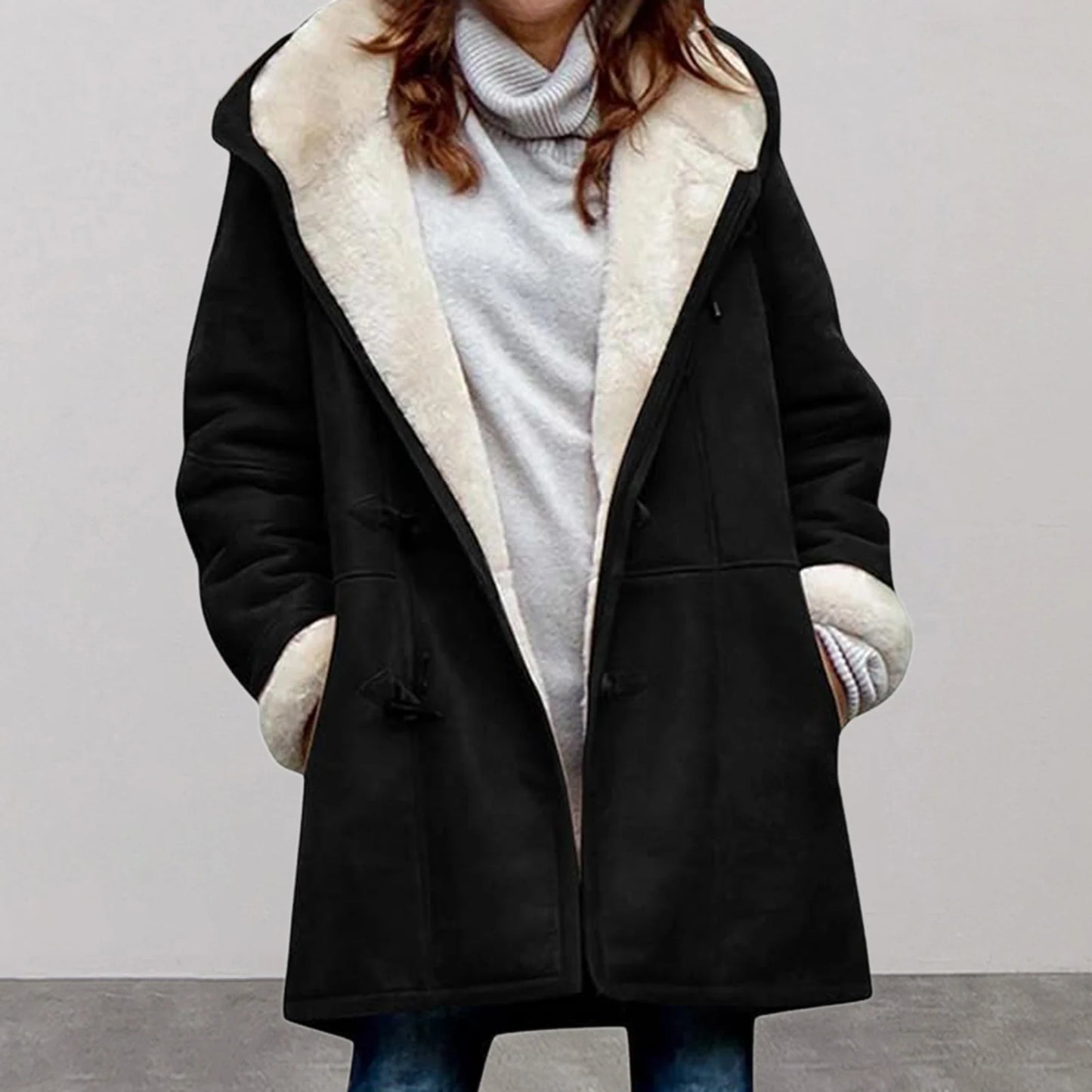 LVSANW Winter Women Woolen Hooded Pockets Letter Print Outerwear Single Breasted Plush Coat Thickened Imitation Lambswool Overcoat