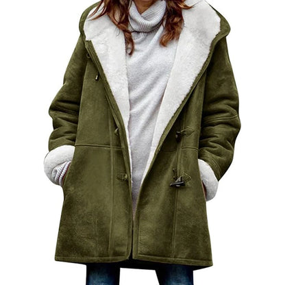 LVSANW Winter Women Woolen Hooded Pockets Letter Print Outerwear Single Breasted Plush Coat Thickened Imitation Lambswool Overcoat