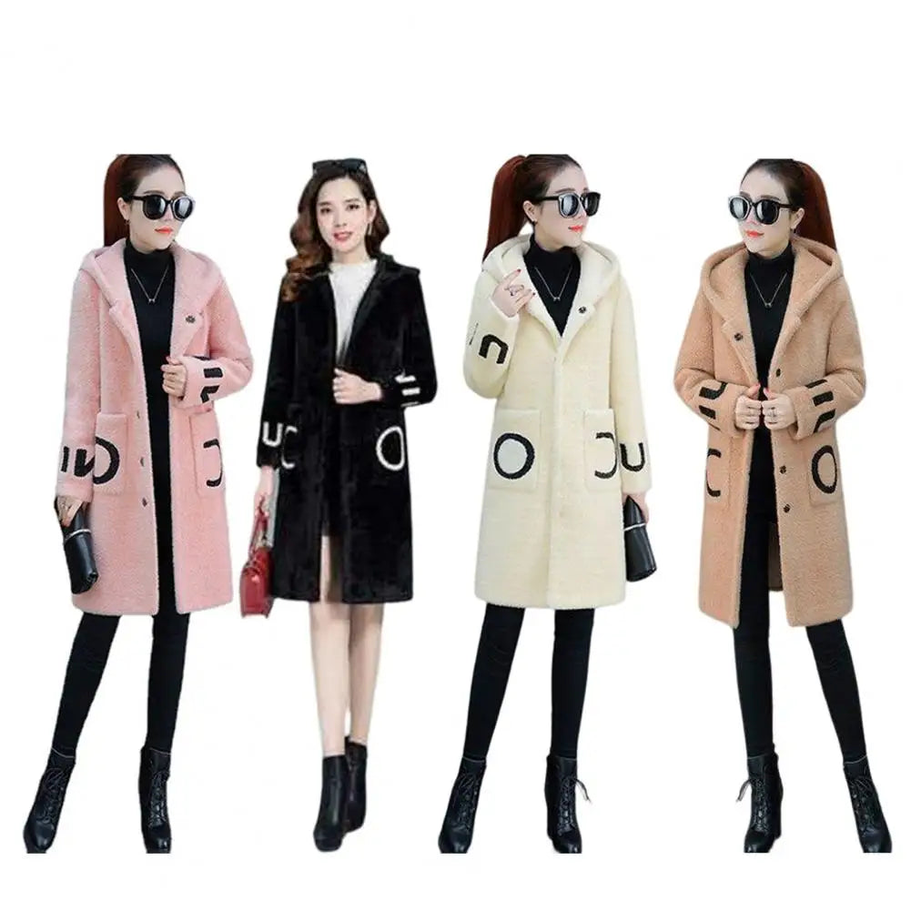 LVSANW Winter Women Woolen Hooded Pockets Letter Print Outerwear Single Breasted Plush Coat Thickened Imitation Lambswool Overcoat