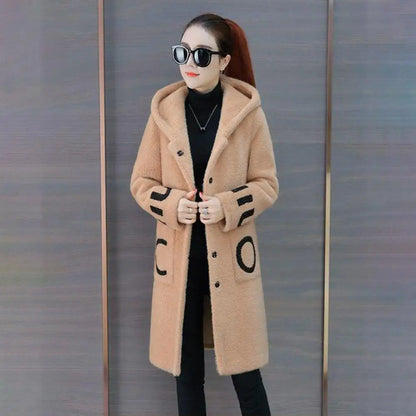 LVSANW Winter Women Woolen Hooded Pockets Letter Print Outerwear Single Breasted Plush Coat Thickened Imitation Lambswool Overcoat