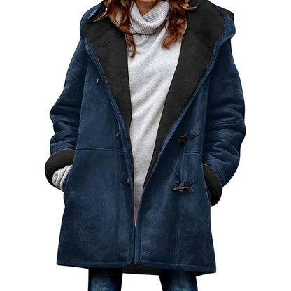 LVSANW Winter Women Woolen Hooded Pockets Letter Print Outerwear Single Breasted Plush Coat Thickened Imitation Lambswool Overcoat