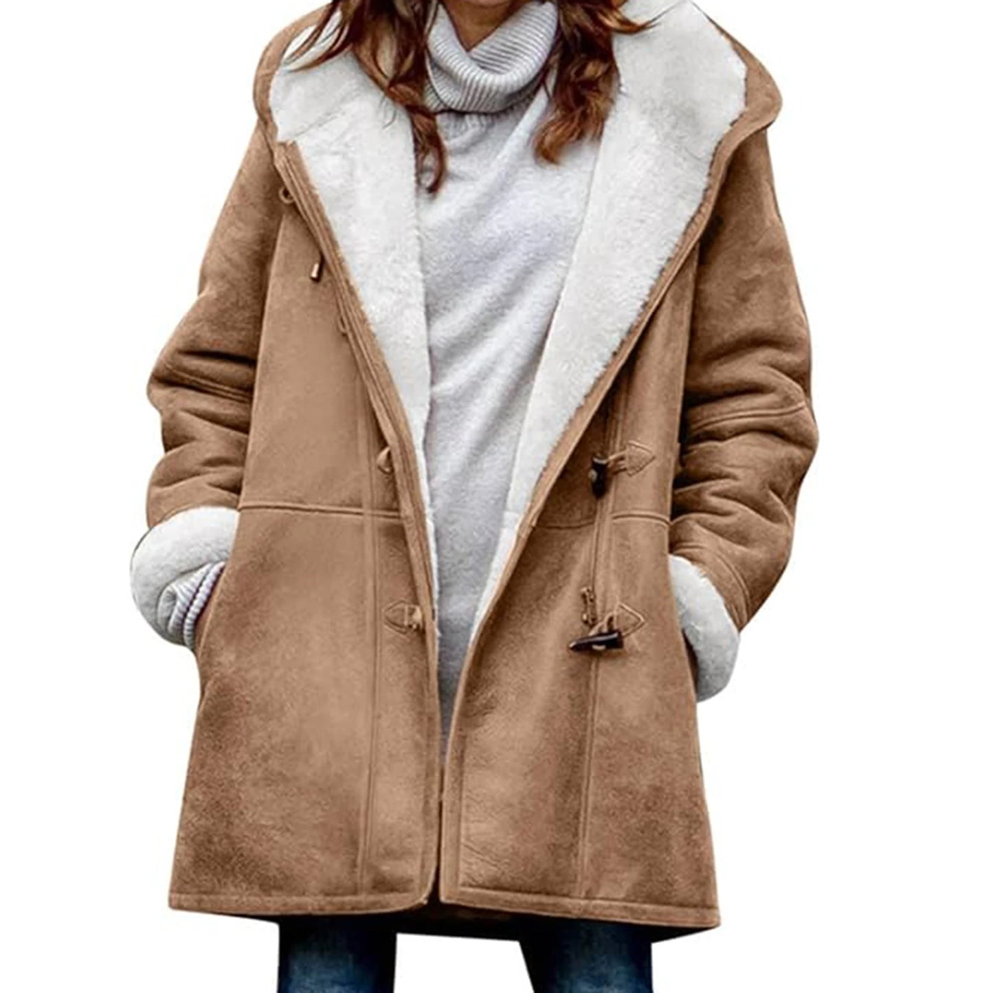 LVSANW Winter Women Woolen Hooded Pockets Letter Print Outerwear Single Breasted Plush Coat Thickened Imitation Lambswool Overcoat