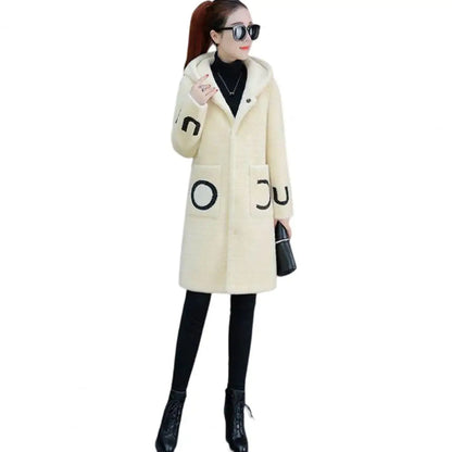 LVSANW Winter Women Woolen Hooded Pockets Letter Print Outerwear Single Breasted Plush Coat Thickened Imitation Lambswool Overcoat