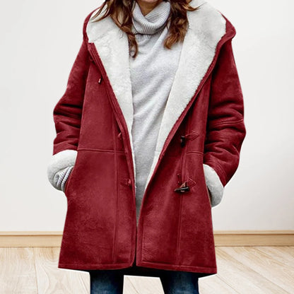 LVSANW Winter Women Woolen Hooded Pockets Letter Print Outerwear Single Breasted Plush Coat Thickened Imitation Lambswool Overcoat