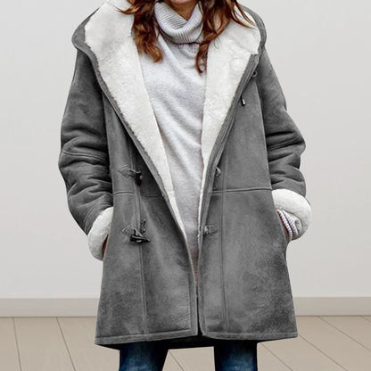 LVSANW Winter Women Woolen Hooded Pockets Letter Print Outerwear Single Breasted Plush Coat Thickened Imitation Lambswool Overcoat