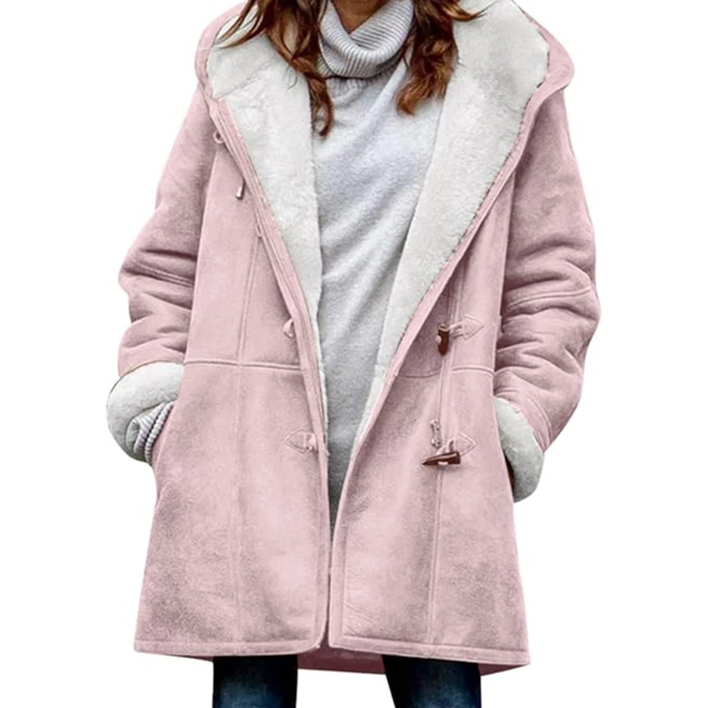 LVSANW Winter Women Woolen Hooded Pockets Letter Print Outerwear Single Breasted Plush Coat Thickened Imitation Lambswool Overcoat