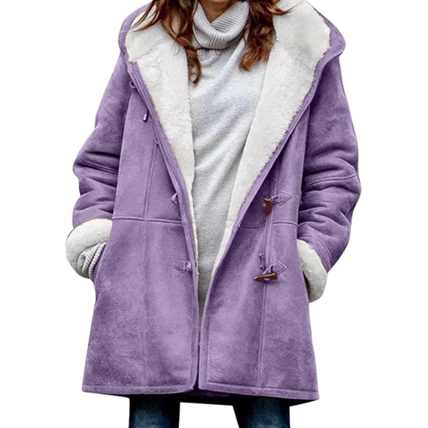 LVSANW Winter Women Woolen Hooded Pockets Letter Print Outerwear Single Breasted Plush Coat Thickened Imitation Lambswool Overcoat