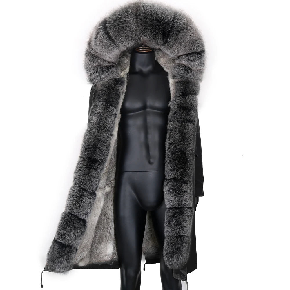 LVSANW Winter X-Long New Gray Natural Real Fox Fur Jacket Coats Men Fashion Real Fur Coat Long Parkas Winter Black Parka Removable