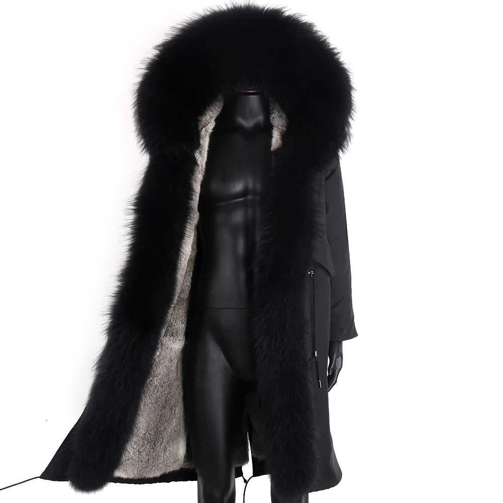 LVSANW Winter X-Long New Gray Natural Real Fox Fur Jacket Coats Men Fashion Real Fur Coat Long Parkas Winter Black Parka Removable