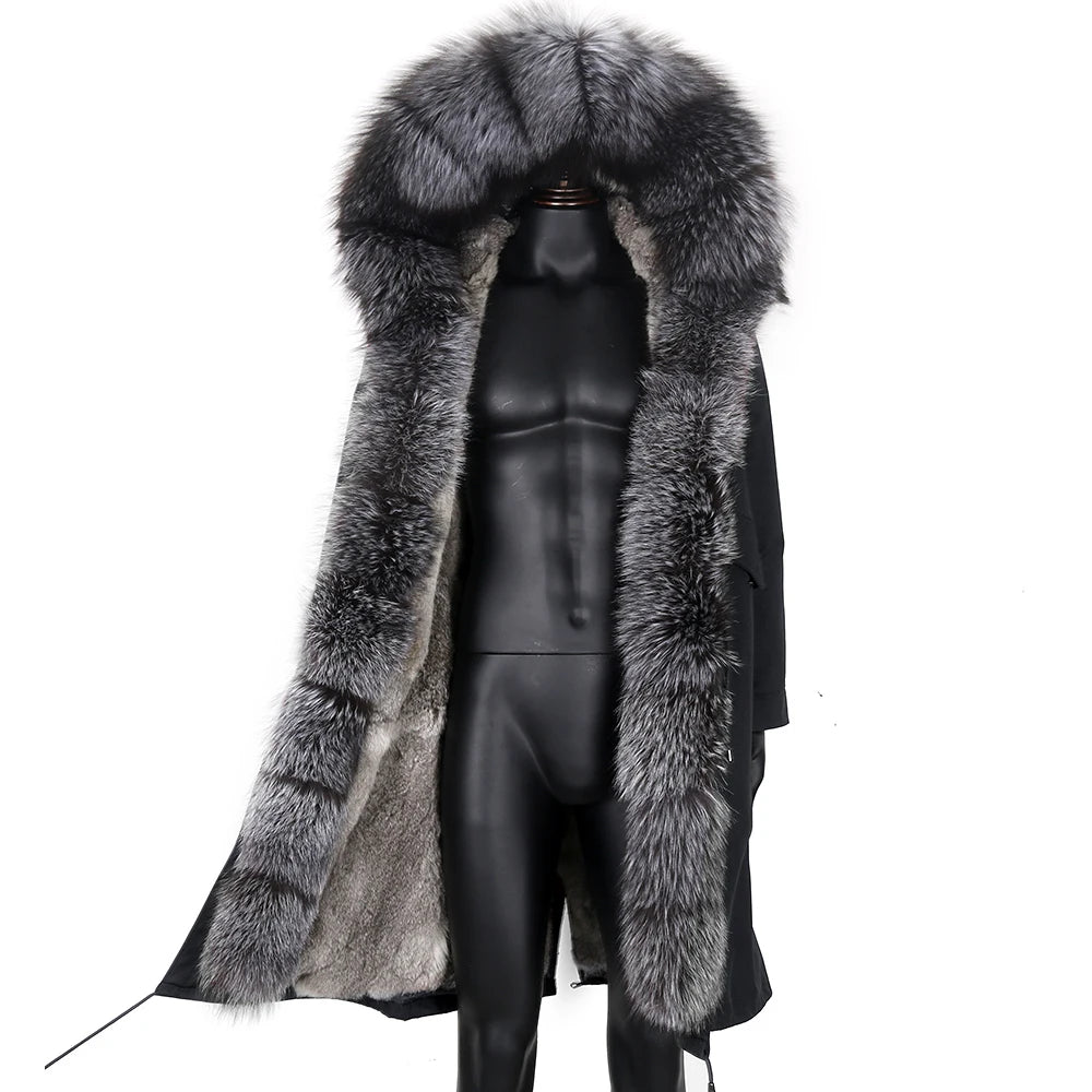 LVSANW Winter X-Long New Gray Natural Real Fox Fur Jacket Coats Men Fashion Real Fur Coat Long Parkas Winter Black Parka Removable