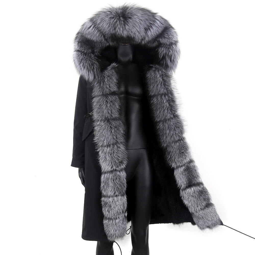 LVSANW Winter X-Long New Gray Natural Real Fox Fur Jacket Coats Men Fashion Real Fur Coat Long Parkas Winter Black Parka Removable