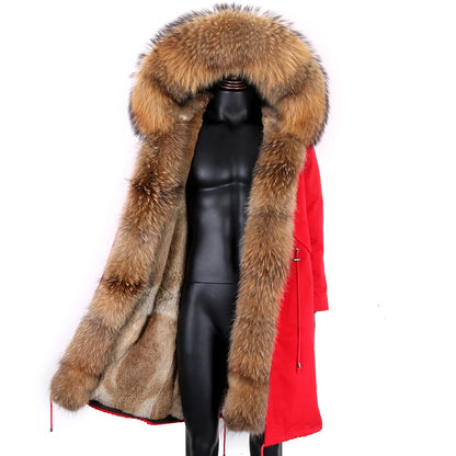 LVSANW Winter X-Long New Gray Natural Real Fox Fur Jacket Coats Men Fashion Real Fur Coat Long Parkas Winter Black Parka Removable