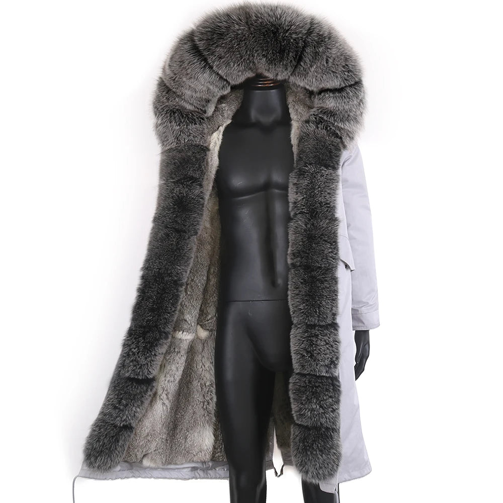 LVSANW Winter X-Long New Gray Natural Real Fox Fur Jacket Coats Men Fashion Real Fur Coat Long Parkas Winter Black Parka Removable