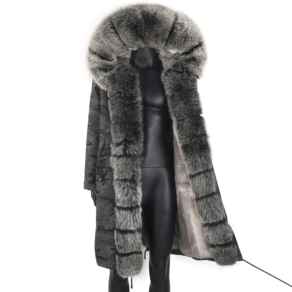 LVSANW Winter X-Long New Gray Natural Real Fox Fur Jacket Coats Men Fashion Real Fur Coat Long Parkas Winter Black Parka Removable