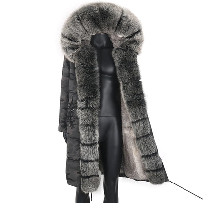 LVSANW Winter X-Long New Gray Natural Real Fox Fur Jacket Coats Men Fashion Real Fur Coat Long Parkas Winter Black Parka Removable