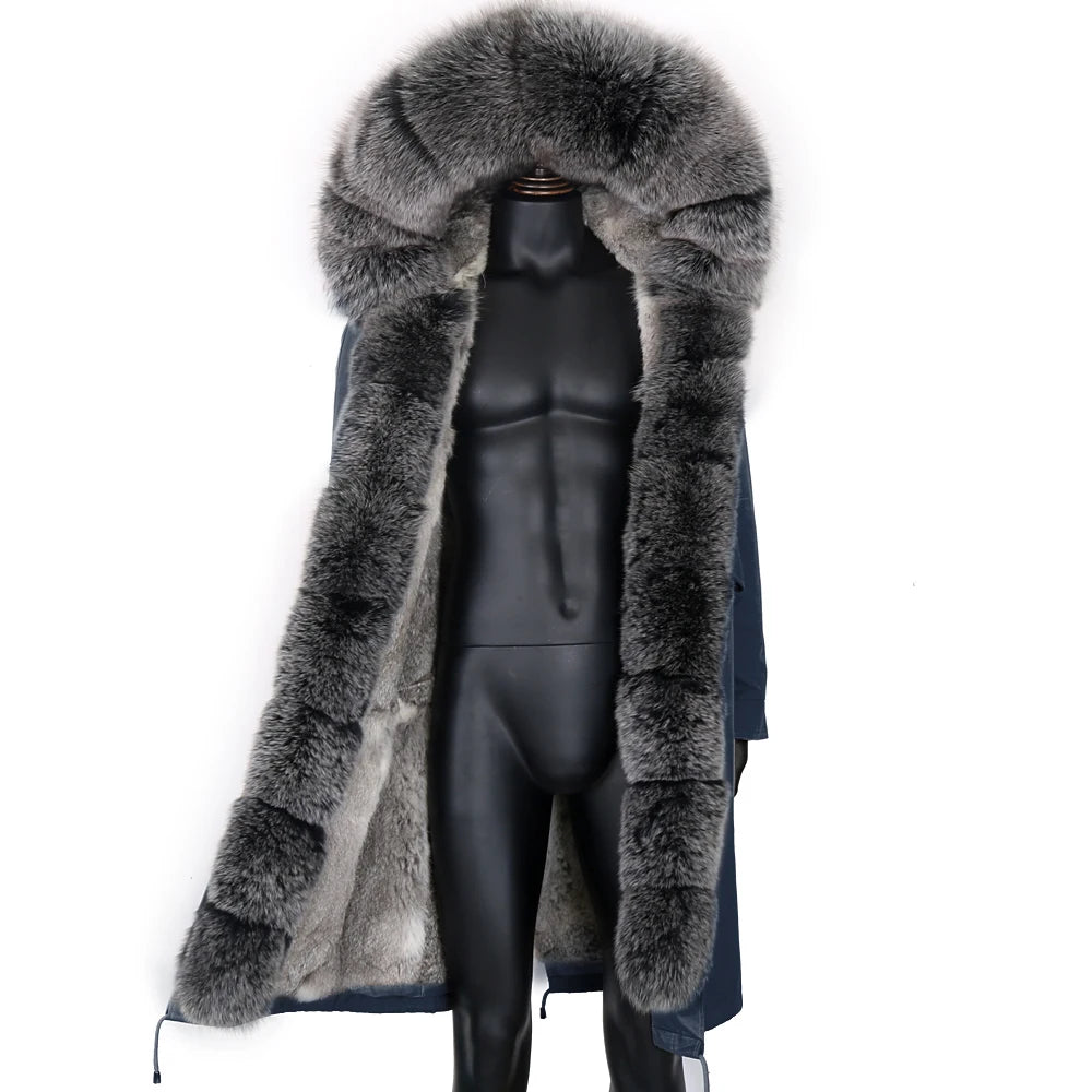 LVSANW Winter X-Long New Gray Natural Real Fox Fur Jacket Coats Men Fashion Real Fur Coat Long Parkas Winter Black Parka Removable