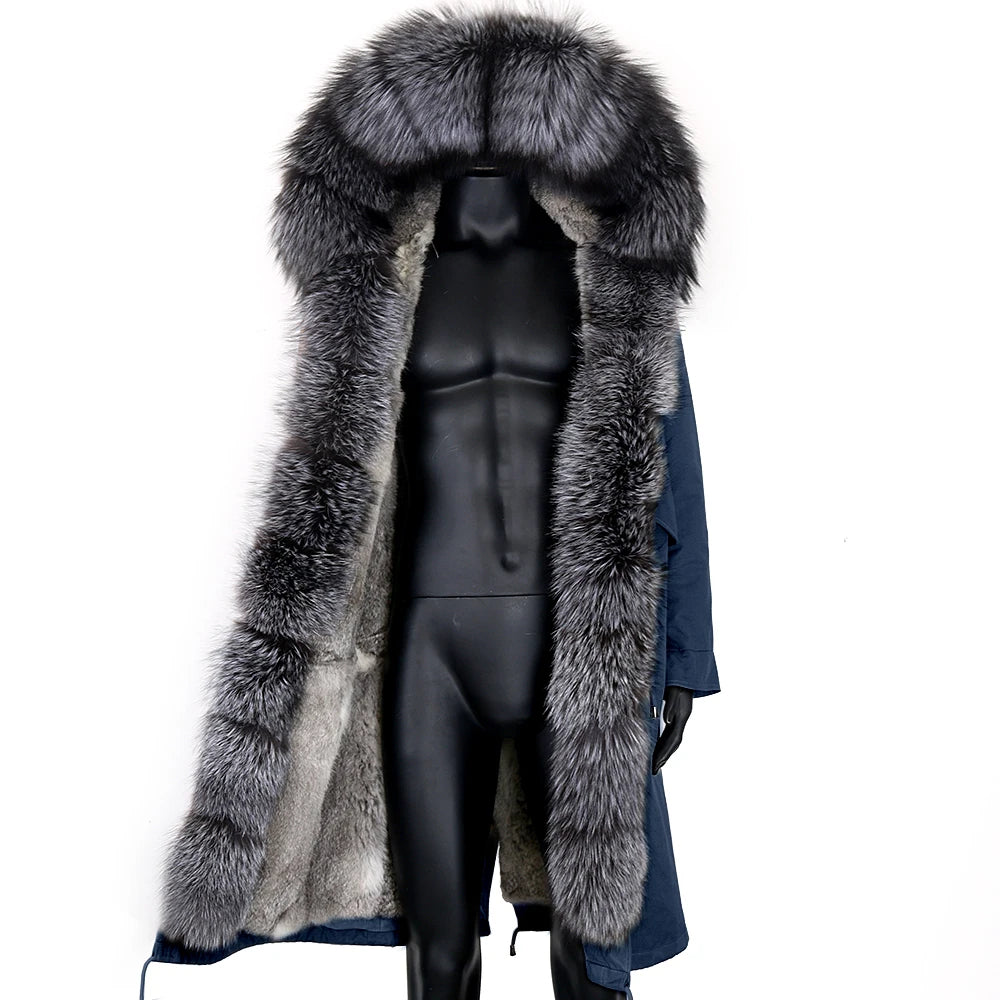 LVSANW Winter X-Long New Gray Natural Real Fox Fur Jacket Coats Men Fashion Real Fur Coat Long Parkas Winter Black Parka Removable