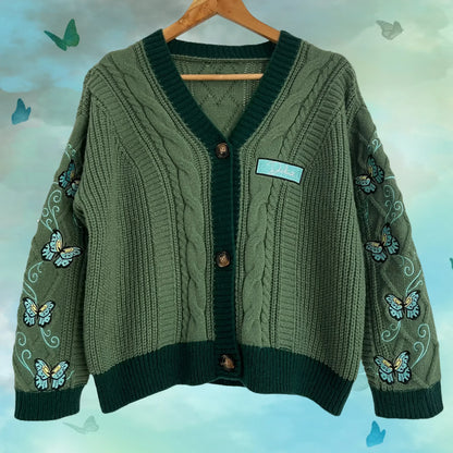 LVSANW Winter Y2k Dark Green Knitted Cardigan Women 2025 Spring  Medium Strecth  Butterfly Embroidery Oversized Sweaters Tops Female