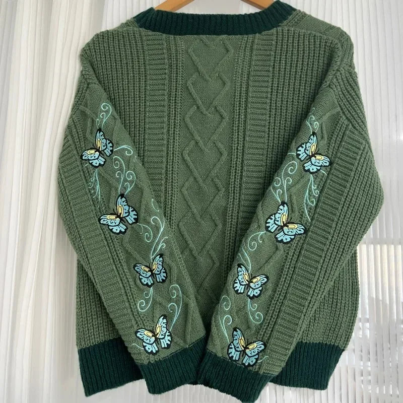 LVSANW Winter Y2k Dark Green Knitted Cardigan Women 2025 Spring  Medium Strecth  Butterfly Embroidery Oversized Sweaters Tops Female