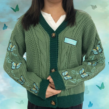 LVSANW Winter Y2k Dark Green Knitted Cardigan Women 2025 Spring  Medium Strecth  Butterfly Embroidery Oversized Sweaters Tops Female