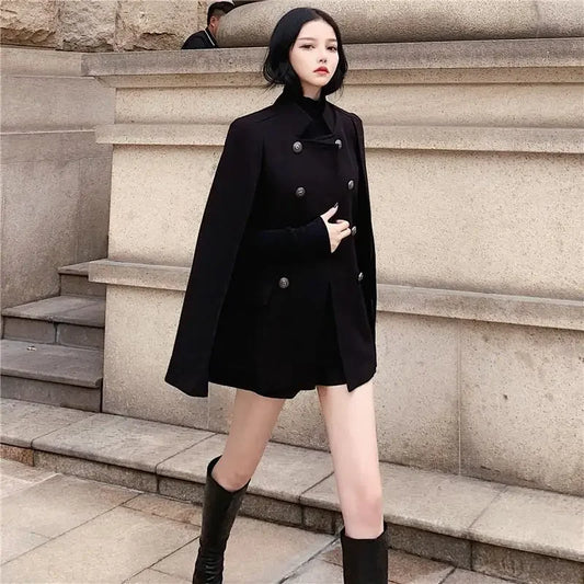 LVSANW Winter new black cape coat can be used with loose stand collar medium long woolen coat for women