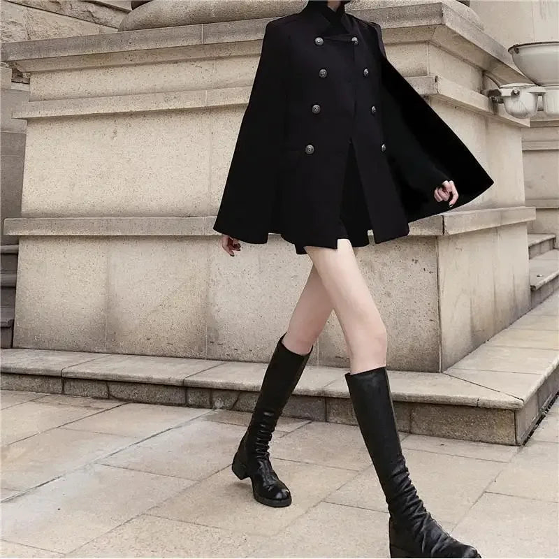 LVSANW Winter new black cape coat can be used with loose stand collar medium long woolen coat for women