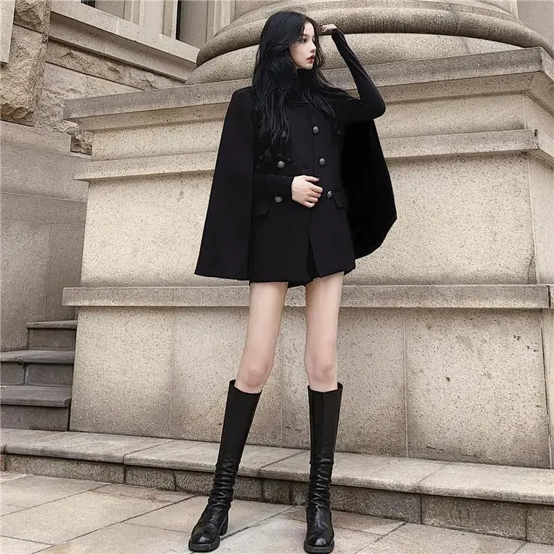 LVSANW Winter new black cape coat can be used with loose stand collar medium long woolen coat for women