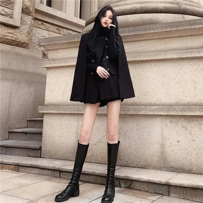 LVSANW Winter new black cape coat can be used with loose stand collar medium long woolen coat for women