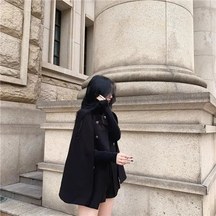 LVSANW Winter new black cape coat can be used with loose stand collar medium long woolen coat for women