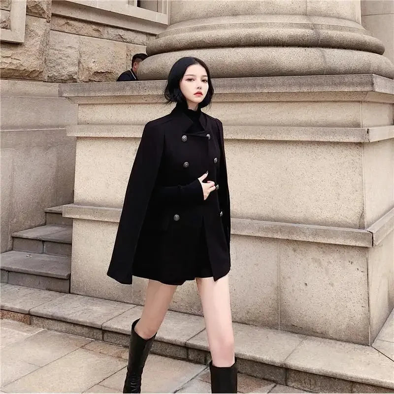 LVSANW Winter new black cape coat can be used with loose stand collar medium long woolen coat for women