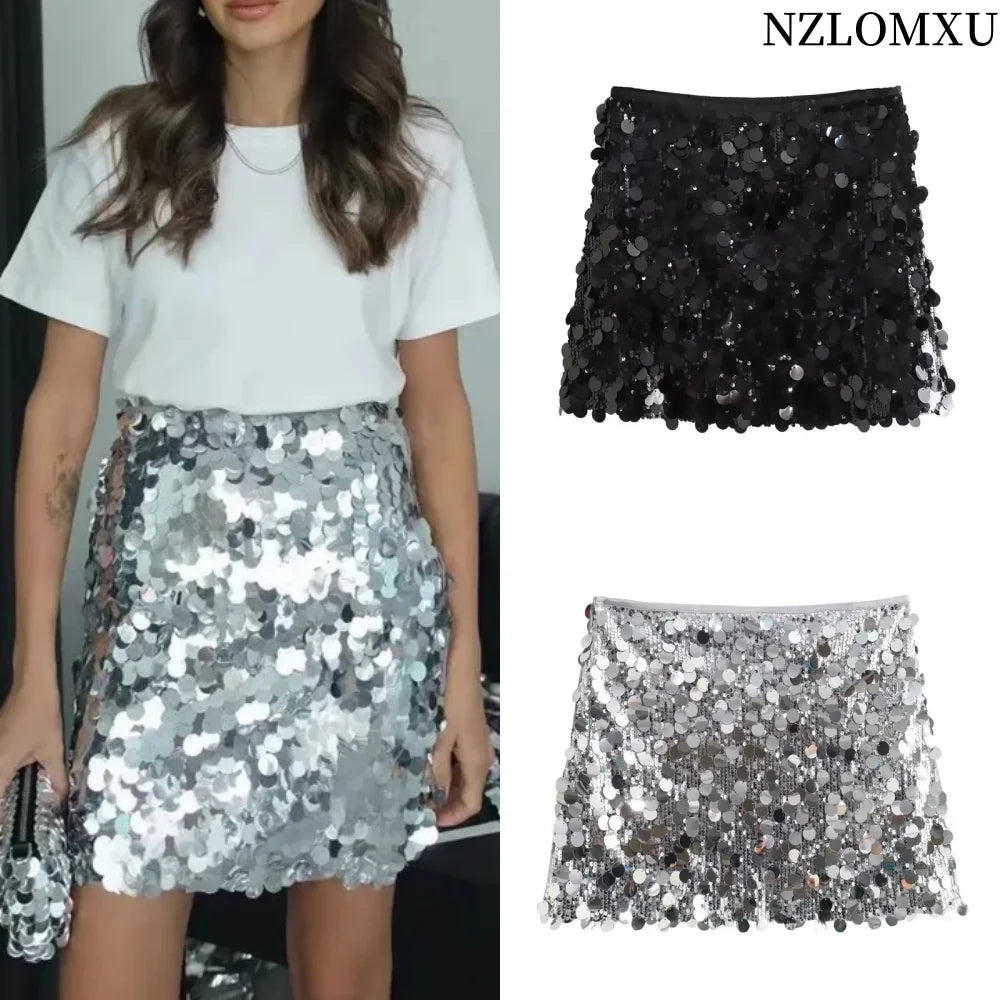 LVSANW Woman Black Silver Sequin Skirt Mini Shine Skirts for Women High waist Fashion Sexy Coquette Short Skirt Party Rave Skirts