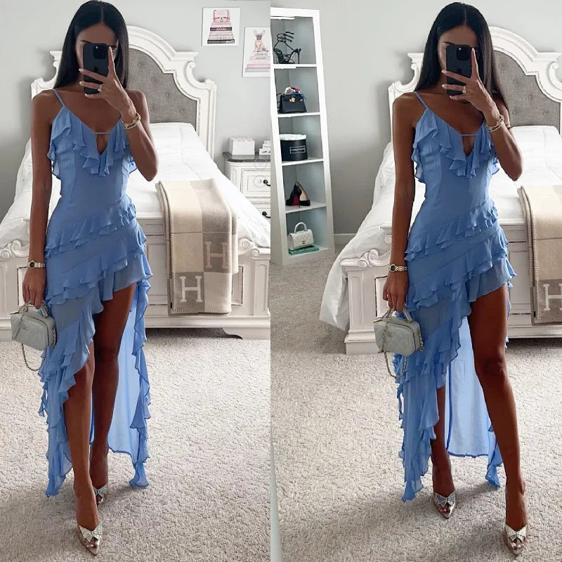 LVSANW Woman Irregular Tassel Summer Trend Skinny Split Maxi Bodycon Birthday Party Clubwear Vestidos Blue Elegant Women Strap Dresses