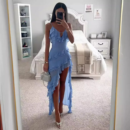 LVSANW Woman Irregular Tassel Summer Trend Skinny Split Maxi Bodycon Birthday Party Clubwear Vestidos Blue Elegant Women Strap Dresses