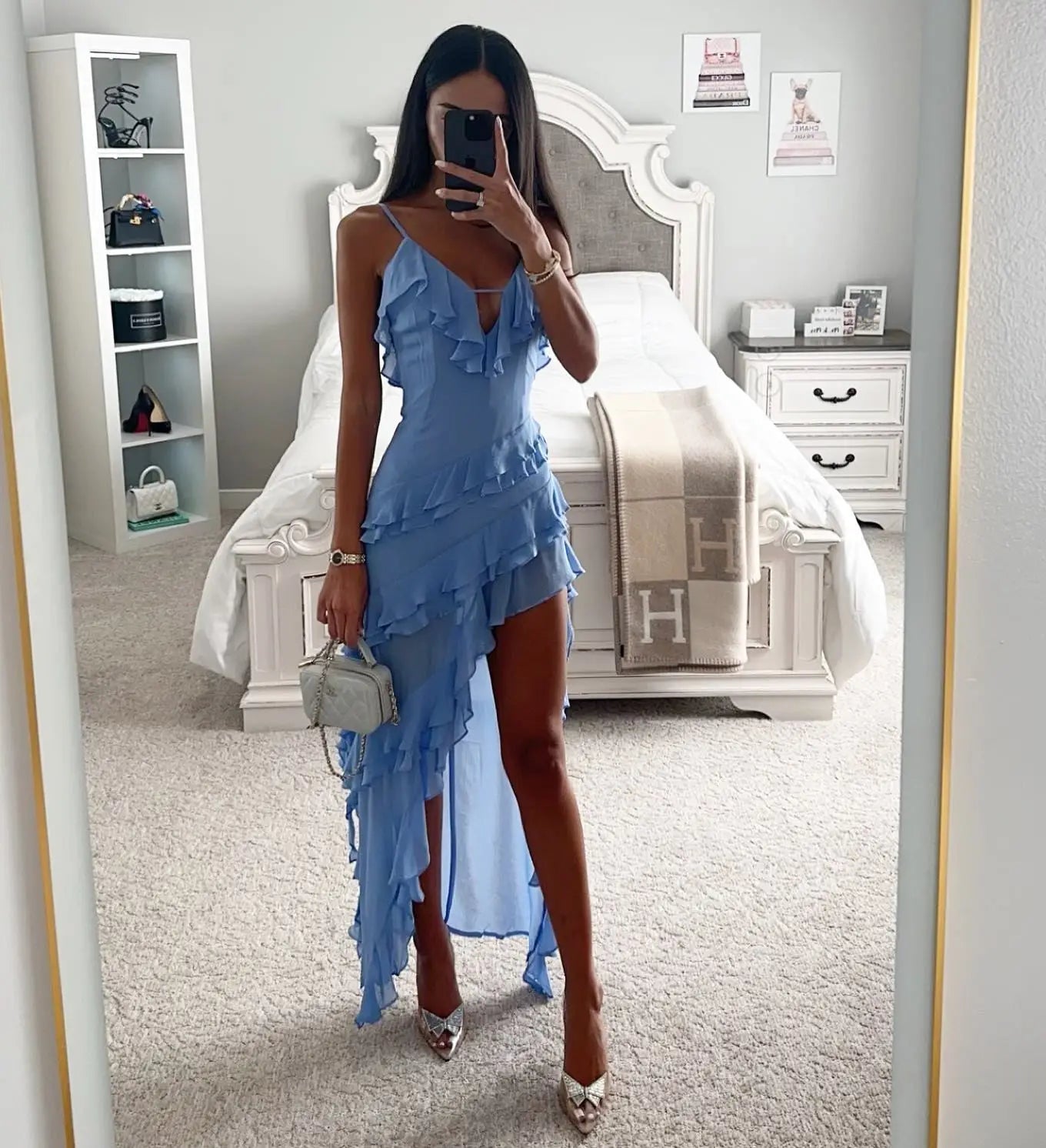 LVSANW Woman Irregular Tassel Summer Trend Skinny Split Maxi Bodycon Birthday Party Clubwear Vestidos Blue Elegant Women Strap Dresses