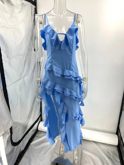 LVSANW Woman Irregular Tassel Summer Trend Skinny Split Maxi Bodycon Birthday Party Clubwear Vestidos Blue Elegant Women Strap Dresses