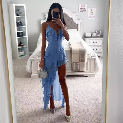 LVSANW Woman Irregular Tassel Summer Trend Skinny Split Maxi Bodycon Birthday Party Clubwear Vestidos Blue Elegant Women Strap Dresses